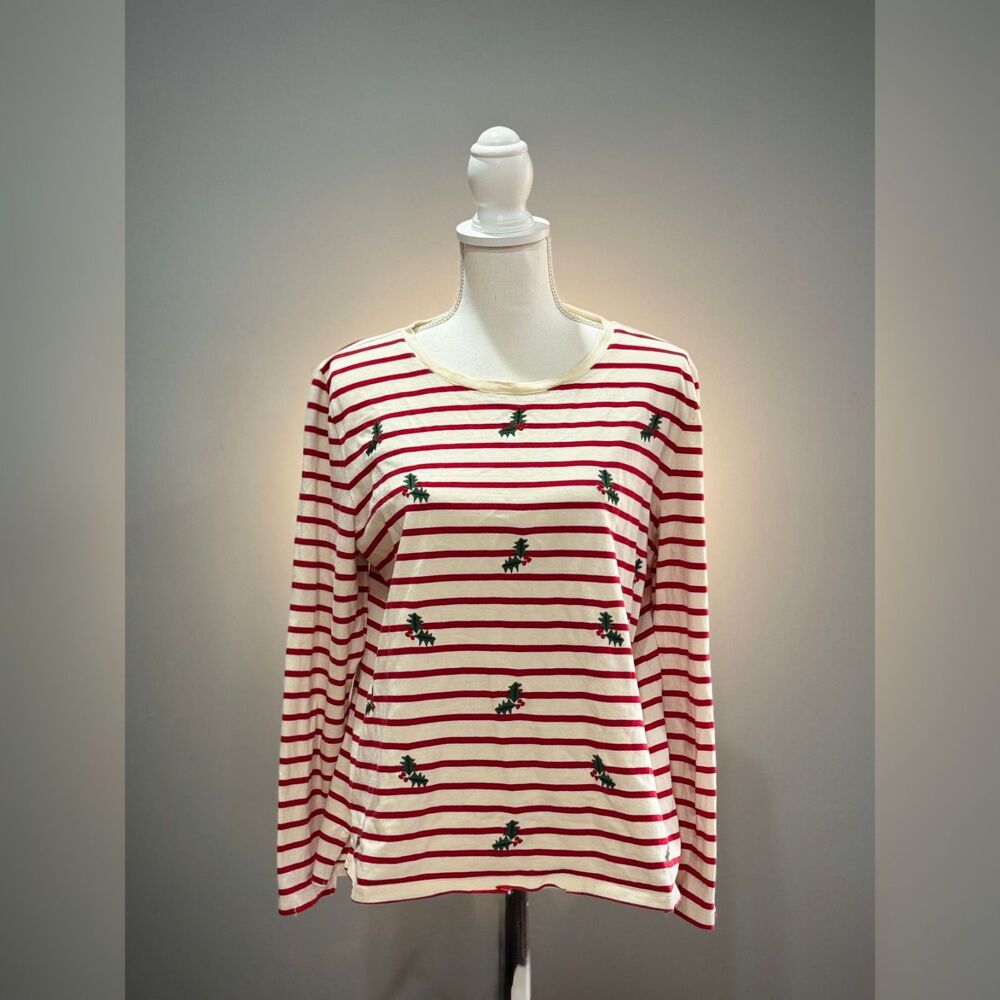 Cream/Red Talbots Striped Holly Berry Holiday Cotton Top Size XLP EUC